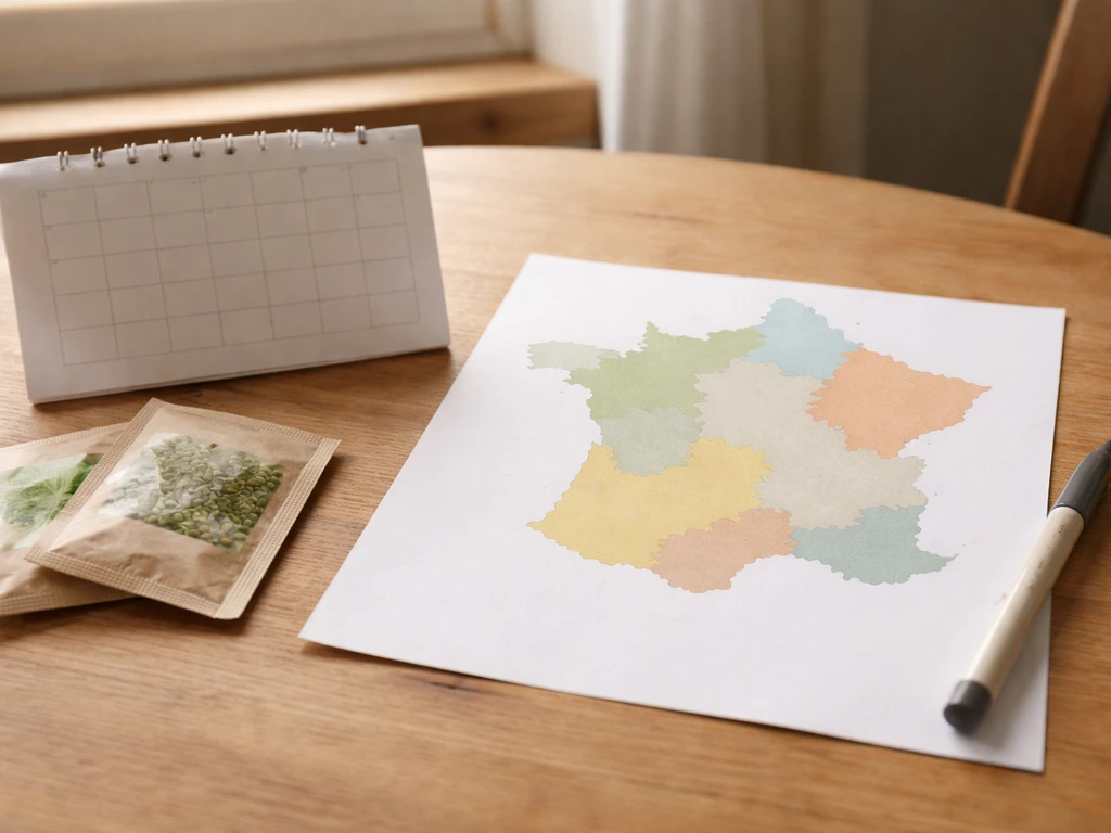 Table près d’une fenêtre avec carte muette de la France et sachets de graines, ambiance jardinage régional.