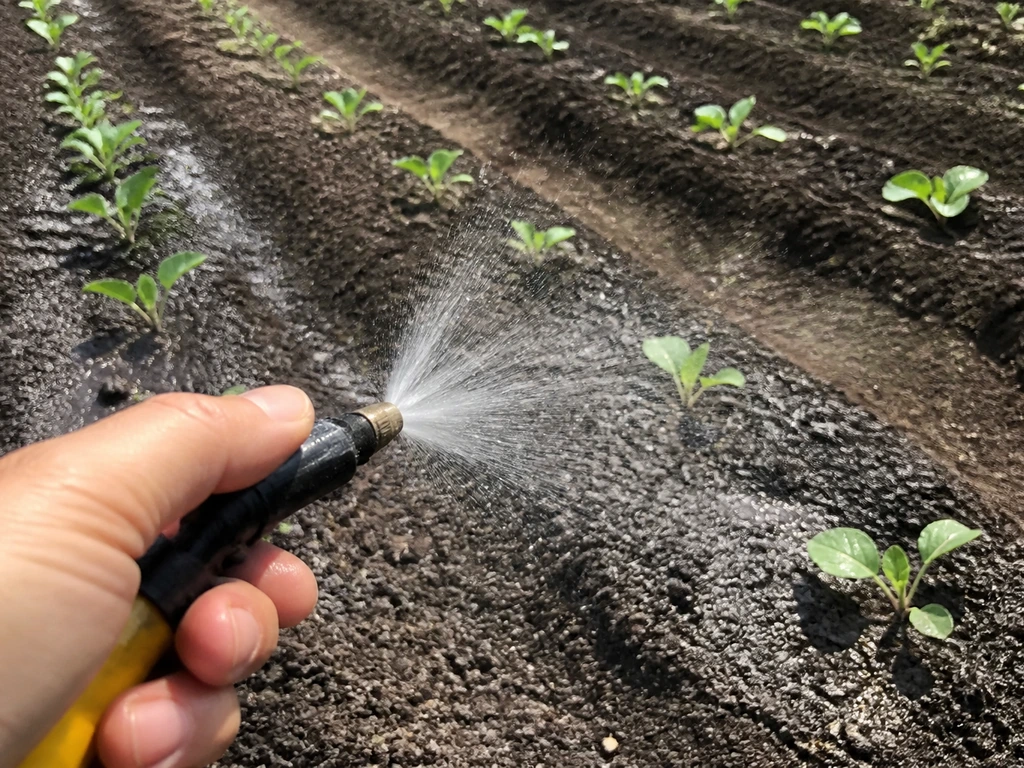 Main tenant un arroseur à jet fin, sol légèrement humide autour de jeunes semis au potager.
