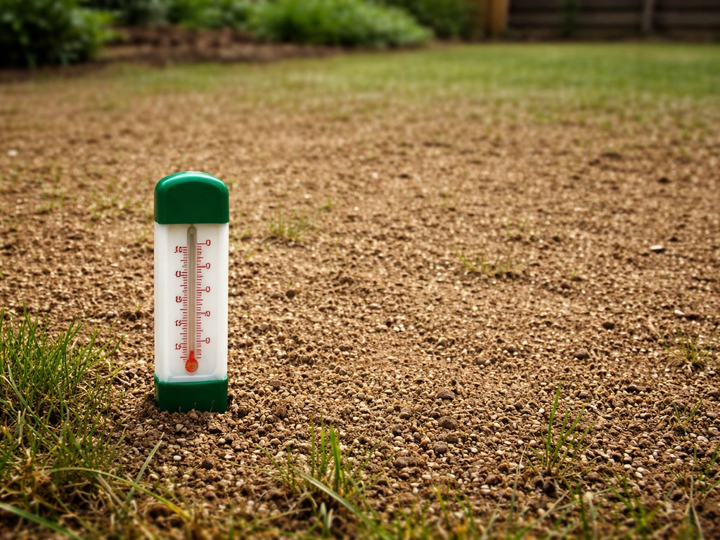 Gazon fraîchement semé avec graines visibles et un thermomètre de jardin au sol, ambiance vigilante mi-mai.