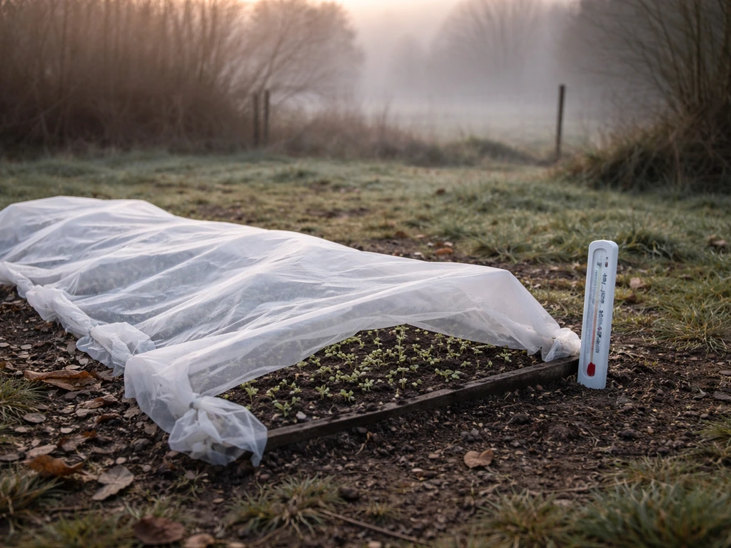 Jeunes semis protégés par un voile d’hivernage, jardin sombre et thermomètre indiquant un froid nocturne.