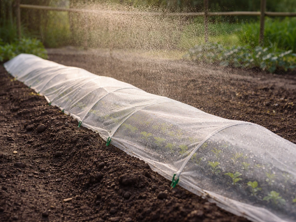 Semis frais recouvert d’un voile d’hivernage, arrosage en pluie fine sur un sol du jardin avant une nuit froide