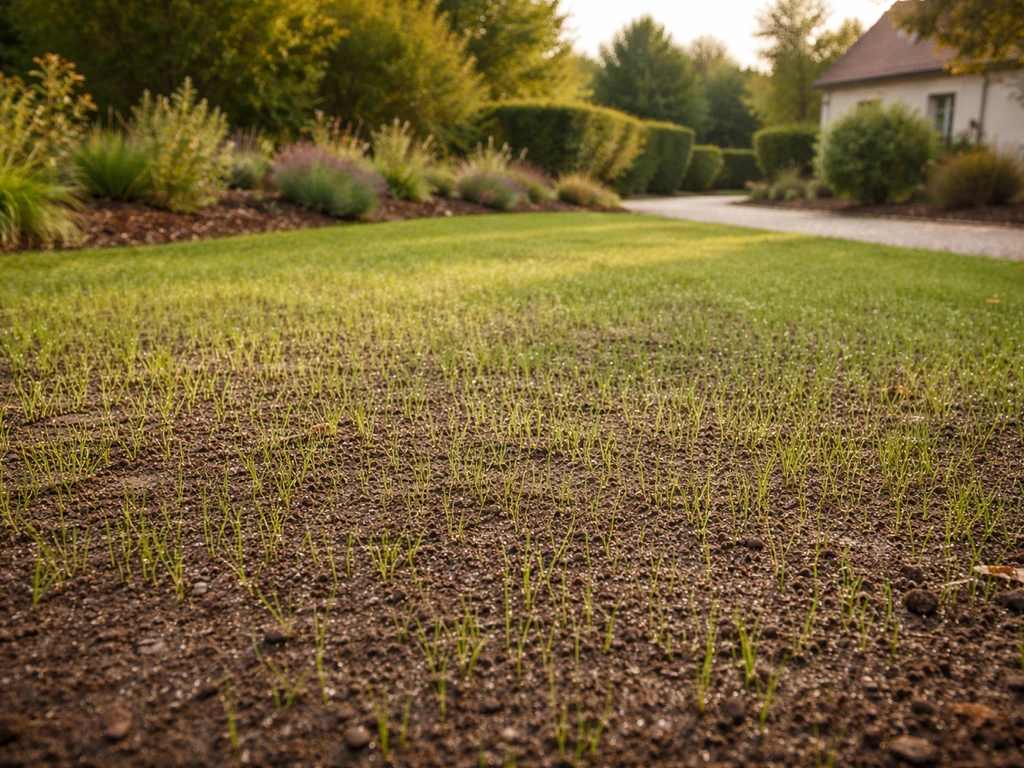 Pelouse fraîchement semée à la fin de l’été, allée résidentielle et sol encore tiède sous une lumière naturelle