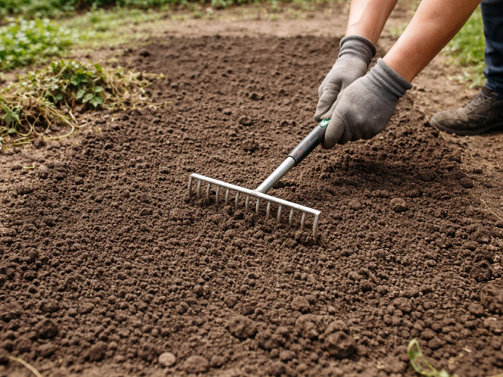 Jardin potager : sol nu ratissé et émietté, avec résidus végétaux à l’écart et l’outil de jardin au premier plan.