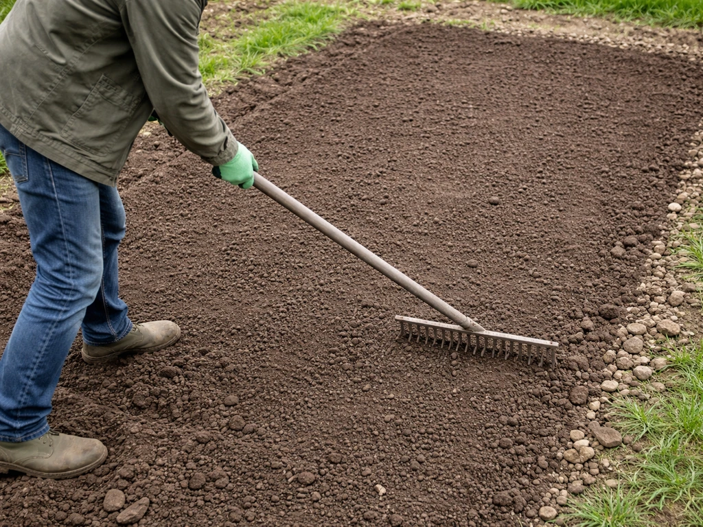 Jardinier passant un râteau sur une terre fraîche, surface nivelée, cailloux et mottes retirés.