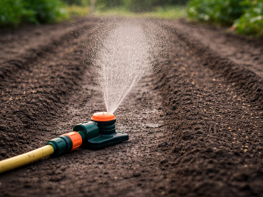 Arroseur en pluie fine sur un lit de semence fraîchement préparé, terre humide sans lessivage.