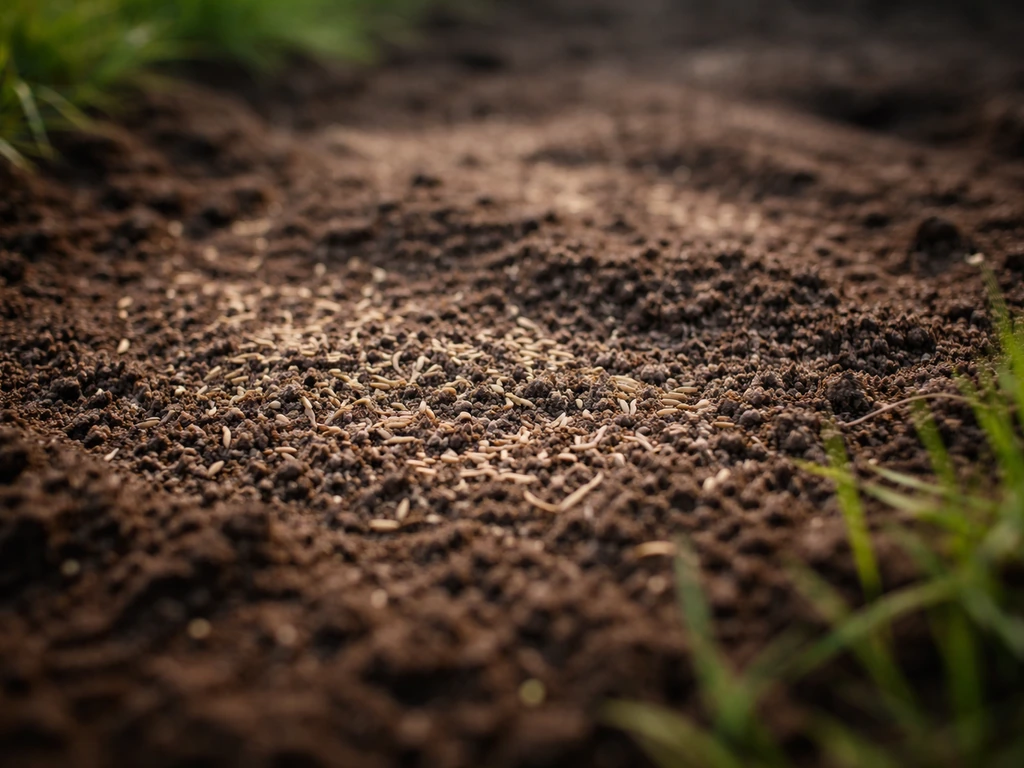 Gros plan de graines de gazon juste semées sous une fine couche de terre, avec traces de piétinement.