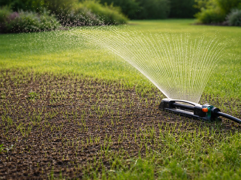 Petite pelouse semée arrosée par un arroseur oscillant projetant une pluie fine.