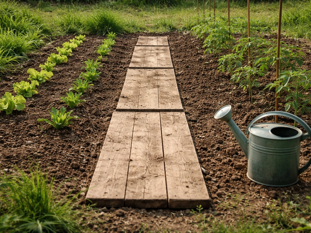 Planches de bois posées sur une petite zone de terre, semis au centre, arrosage proche à l’arrosoir discret.