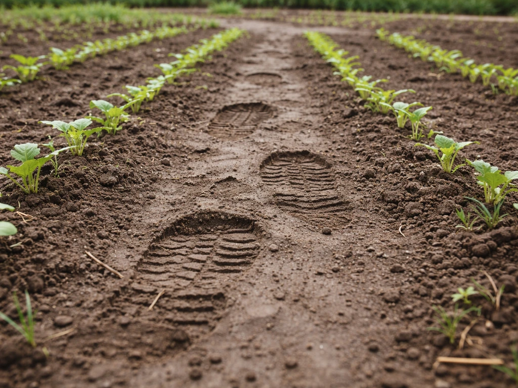 Traces de pas dans une terre tassée et légèrement humide, avec de jeunes plantules de quelques centimètres.