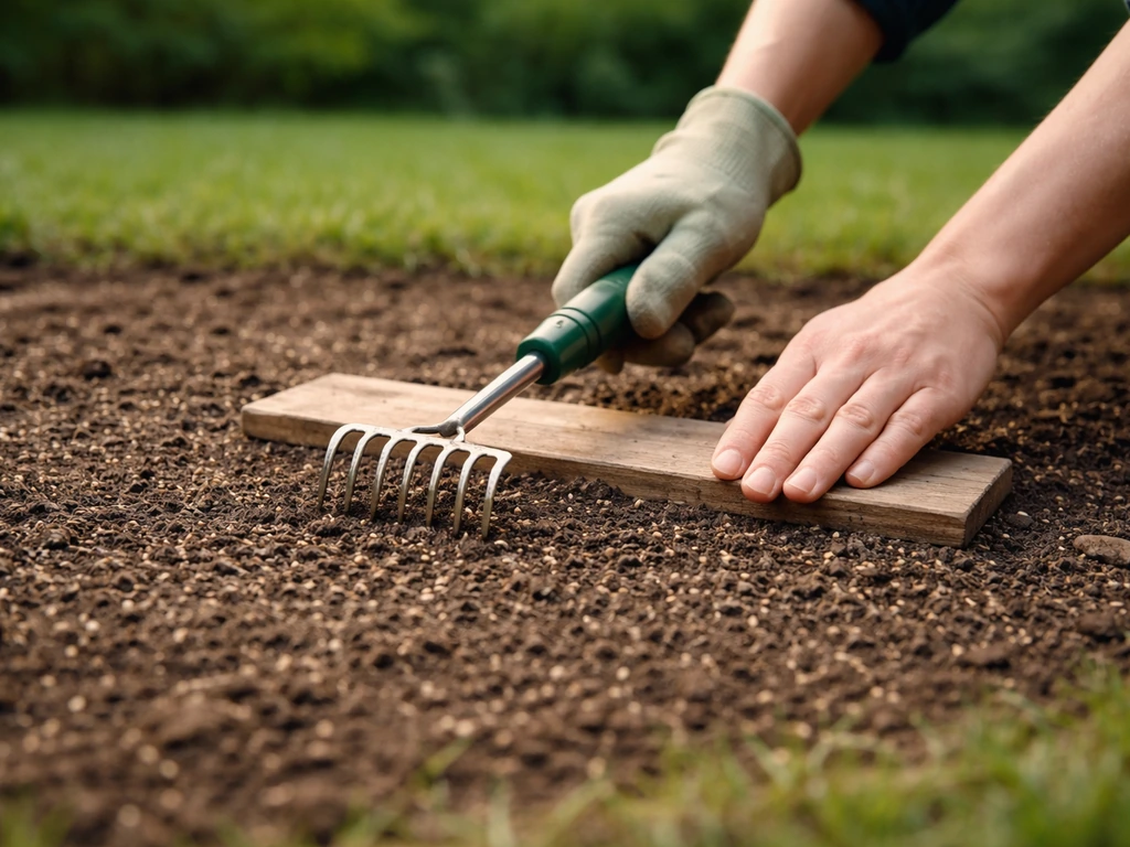 Mains tenant une petite planche et un râteau à main pour ameublir délicatement une pelouse semée.