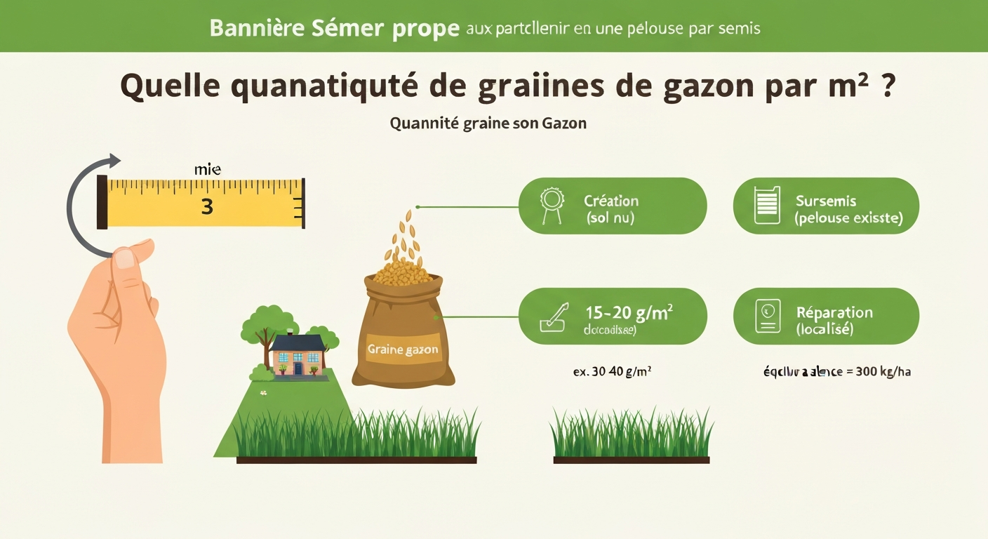 Infographie : quelles quantités de graines de gazon par mètre carré (création 25–40 g/m², sursemis 15–20 g/m², réparation 20–40 g/m²)