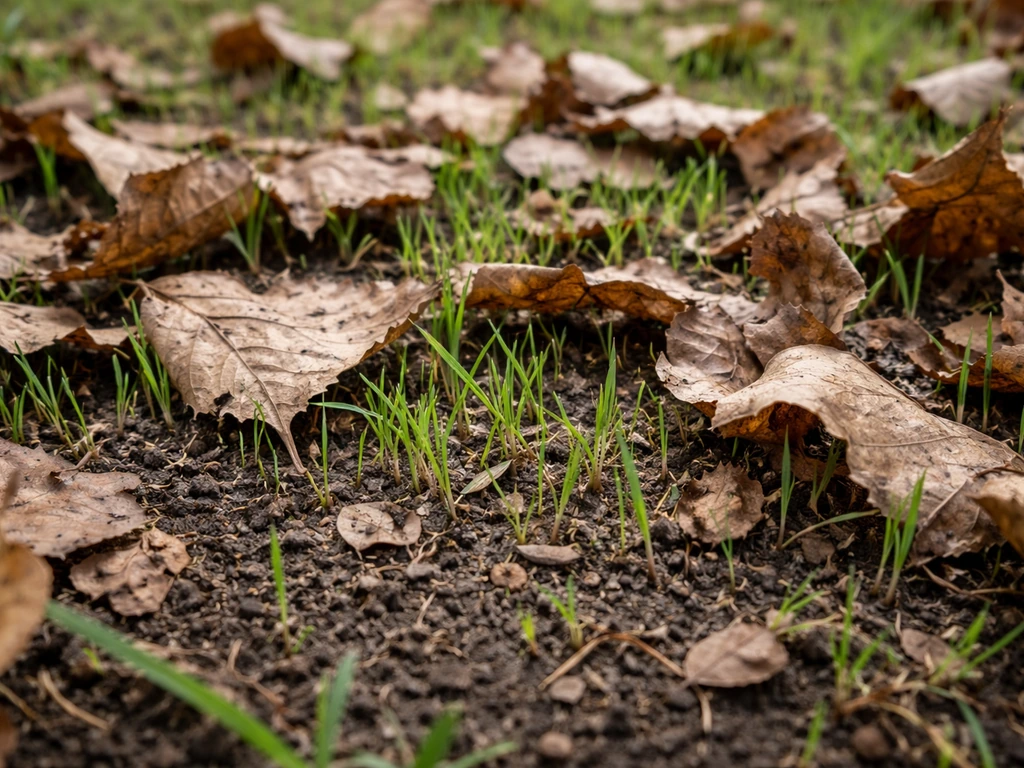 Jeunes pousses d’herbe pâles étouffées sous des feuilles mortes sur un gazon fraîchement ensemencé.