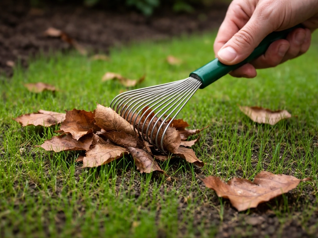 Jardinier retire délicatement des feuilles d’un semis de gazon avec un petit râteau doux