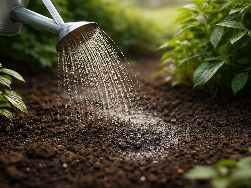 Arrosoir en pluie fine sur un sol juste humide au pied de plantes, sans détremper.