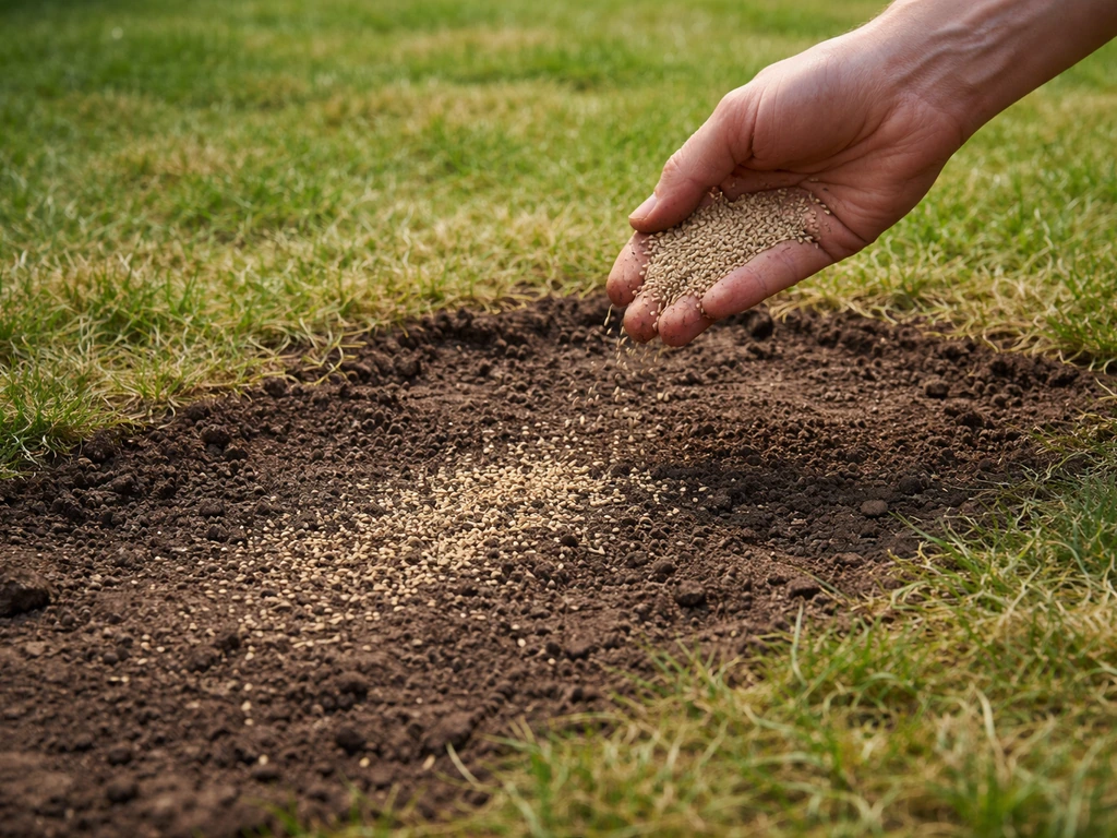 Petite zone de jardin avec terre nue, levée inégale et semis récents en répartition manuelle