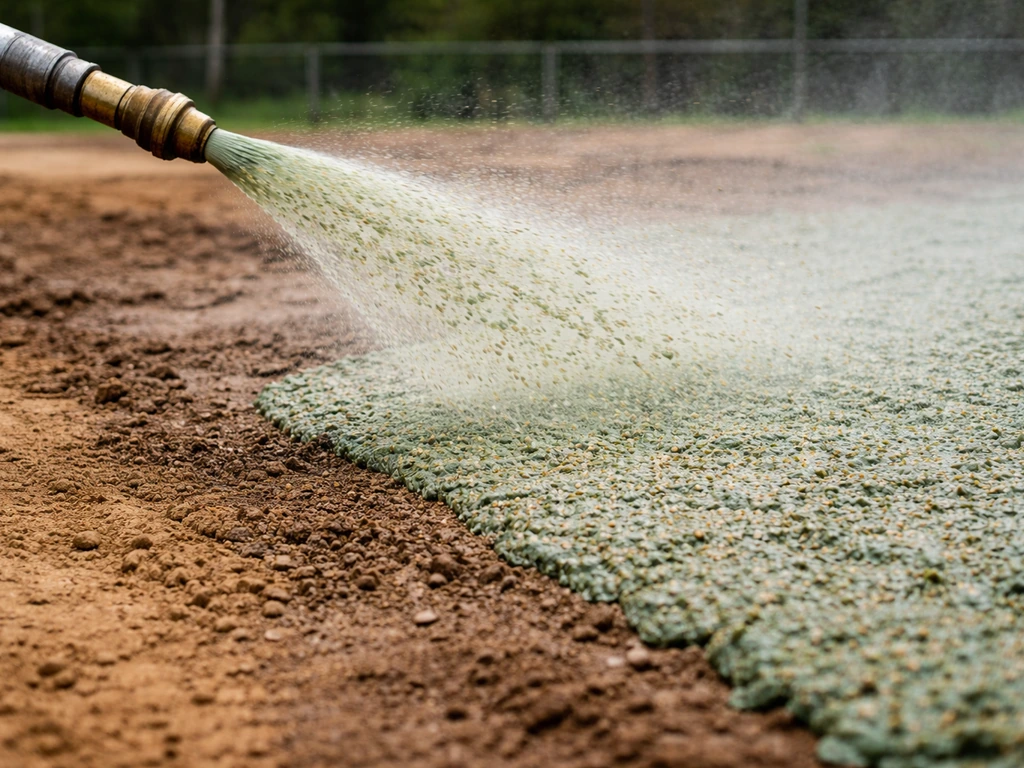 Jet d’hydroseeding projetant un mélange humide de graines et liant sur le sol fraîchement traité.