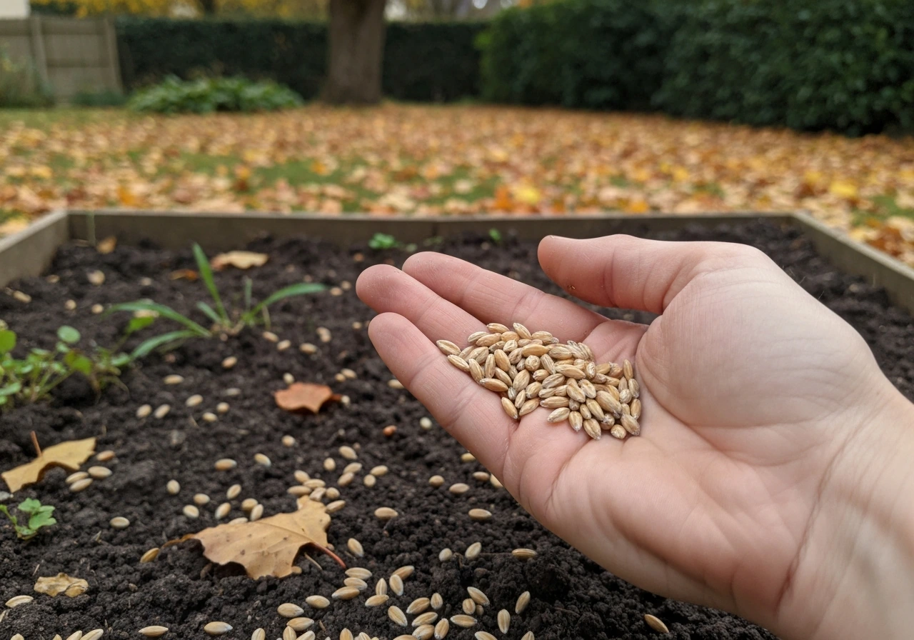 Une main tient des graines de gazon au-dessus de la terre d’un jardin en début d’automne.