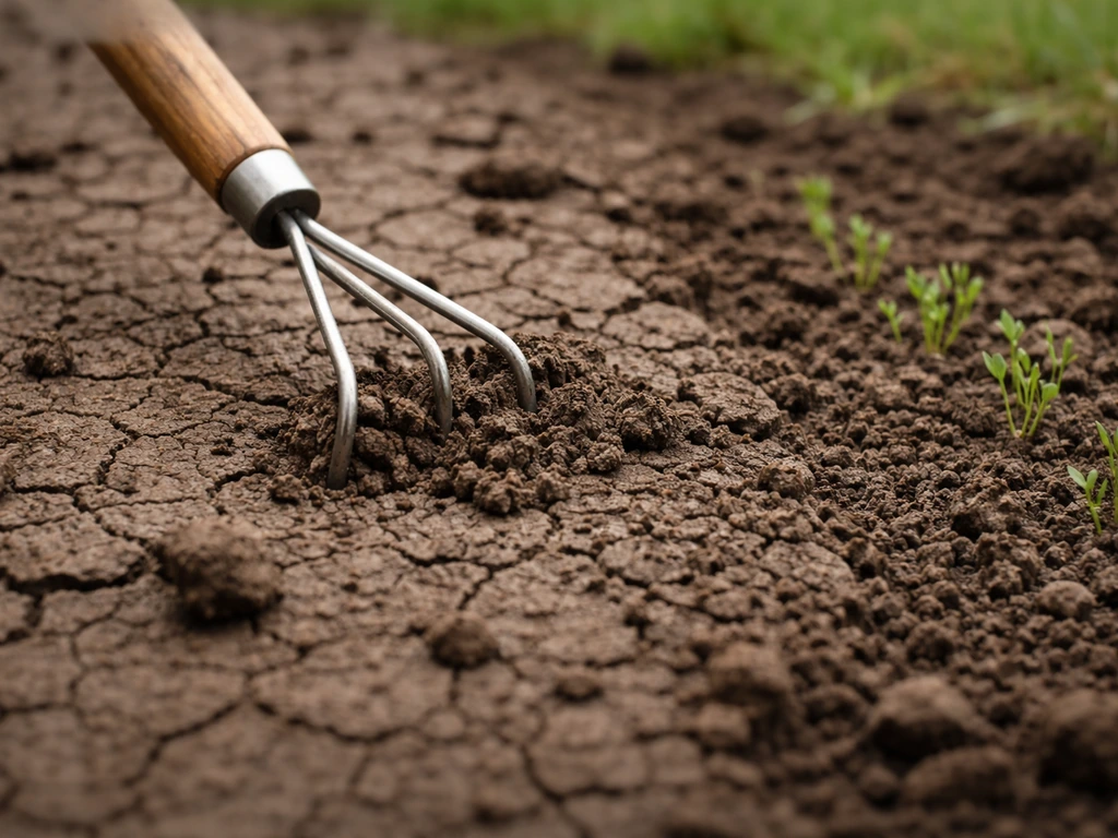 Sol argileux après pluie, croûte sèche visible, râtissage léger pour aider les jeunes pousses à percer.