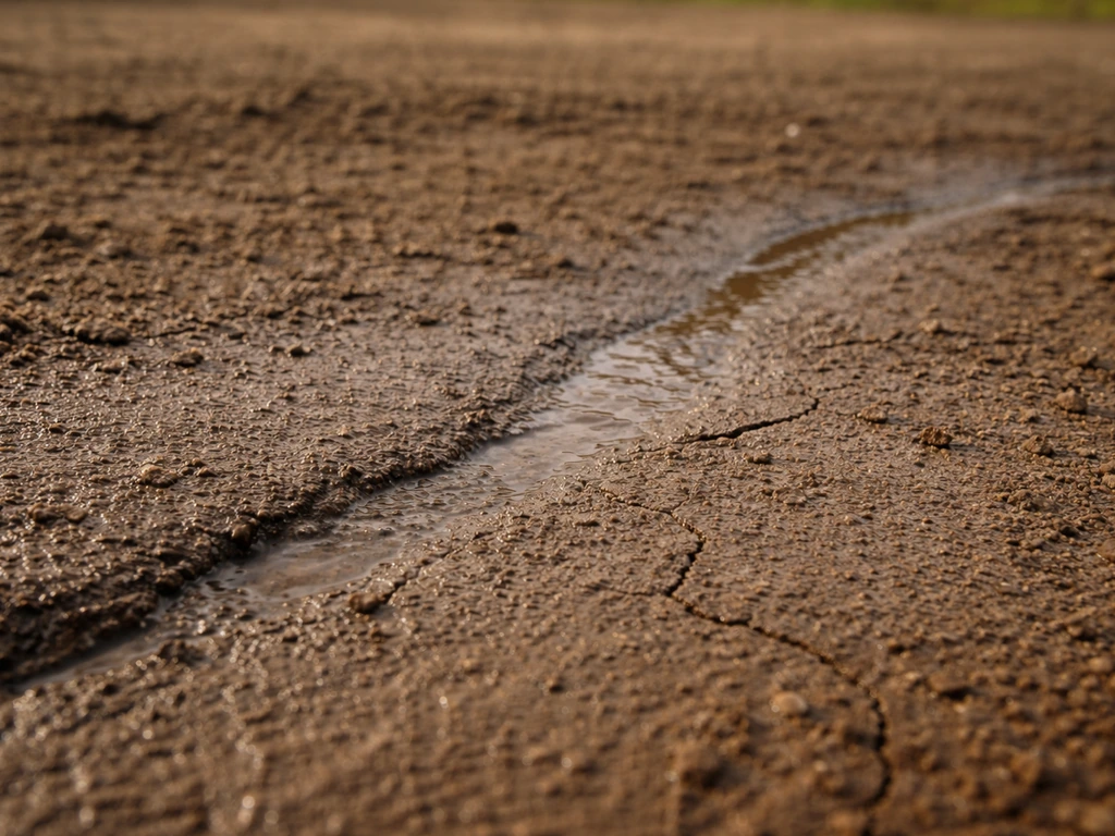 Sol après pluie : croûte de battance compacte et lisse avec de discrètes microfissures et traces d’humidité.