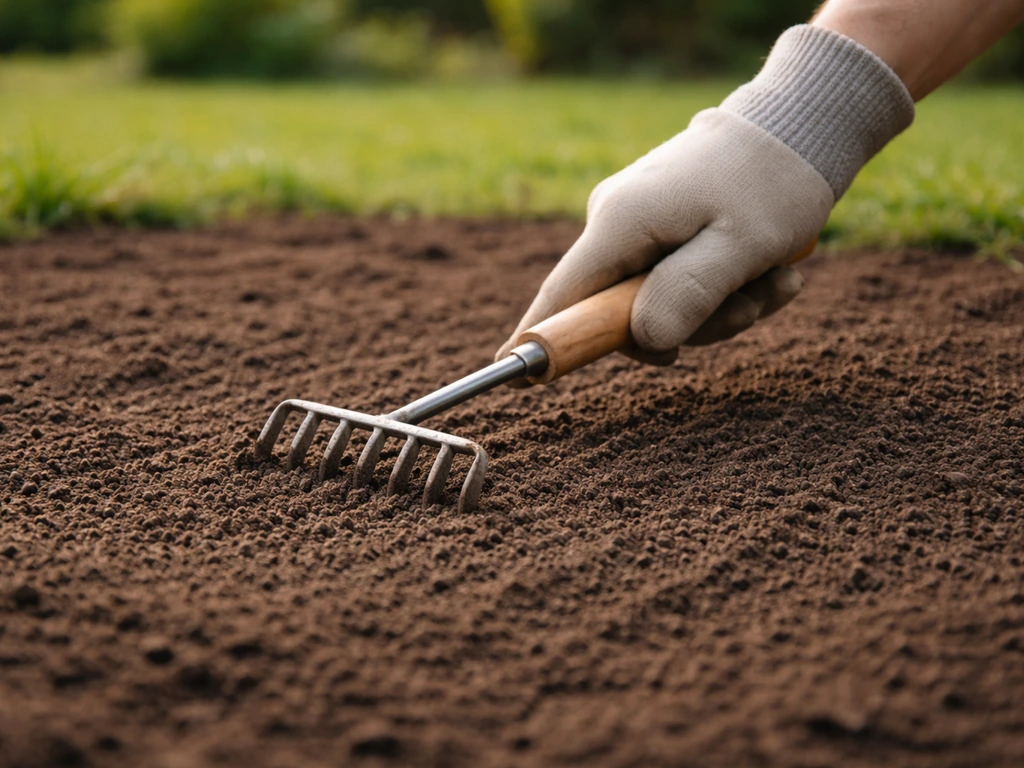 Une main ratisse un sol humide et meuble, finement préparé sans flaques dans un jardin.