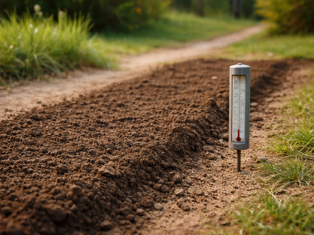 Petit thermomètre de jardin près d’une zone de sol travaillée, prête à semer, sous lumière naturelle.