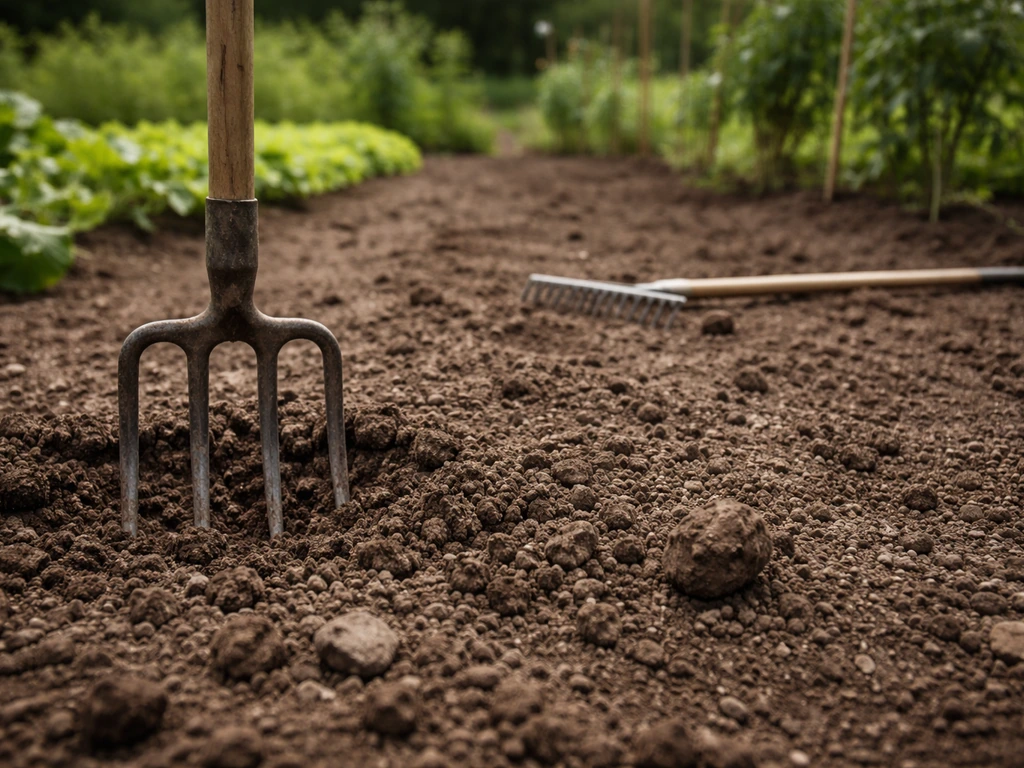 Main et outils de jardinage : bêche, râteau et terre retournée pour préparer un sol plat à semer
