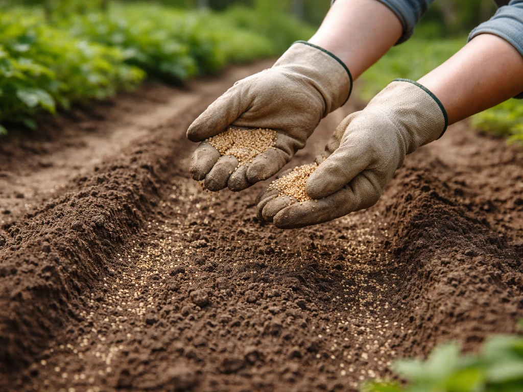 Mains semant des graines dans un petit potager, deux passages croisés suggérés par la posture.