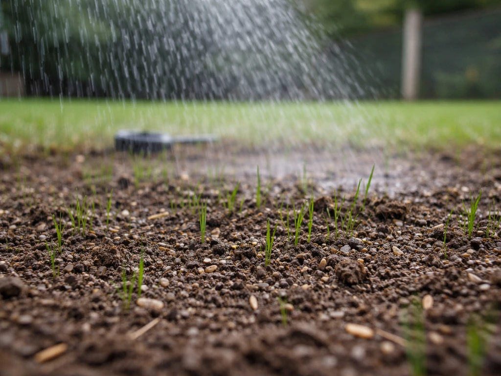 Jeune gazon semé sous une pluie fine d’arrosage, sol humide et micro-pousses, sans personne, en jardin.