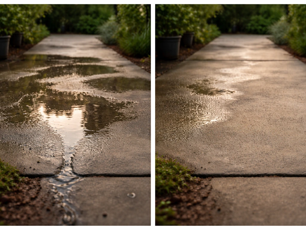 Allée de jardin avec flaques d’eau stagnante après arrosage, sol lisse et humide, contraste avant/après.