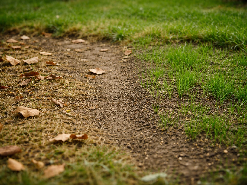 Pelouse avec deux zones prêtes à être ressemées : feuillage d’automne à gauche, herbe verte de printemps à droite.