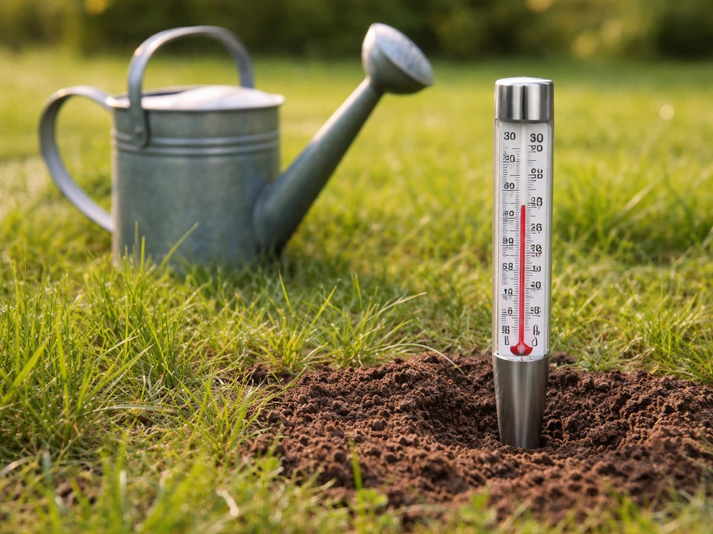 Thermomètre de jardin enfoncé dans le sol à 5 cm, sur une pelouse, arrosoir à côté avant semis.