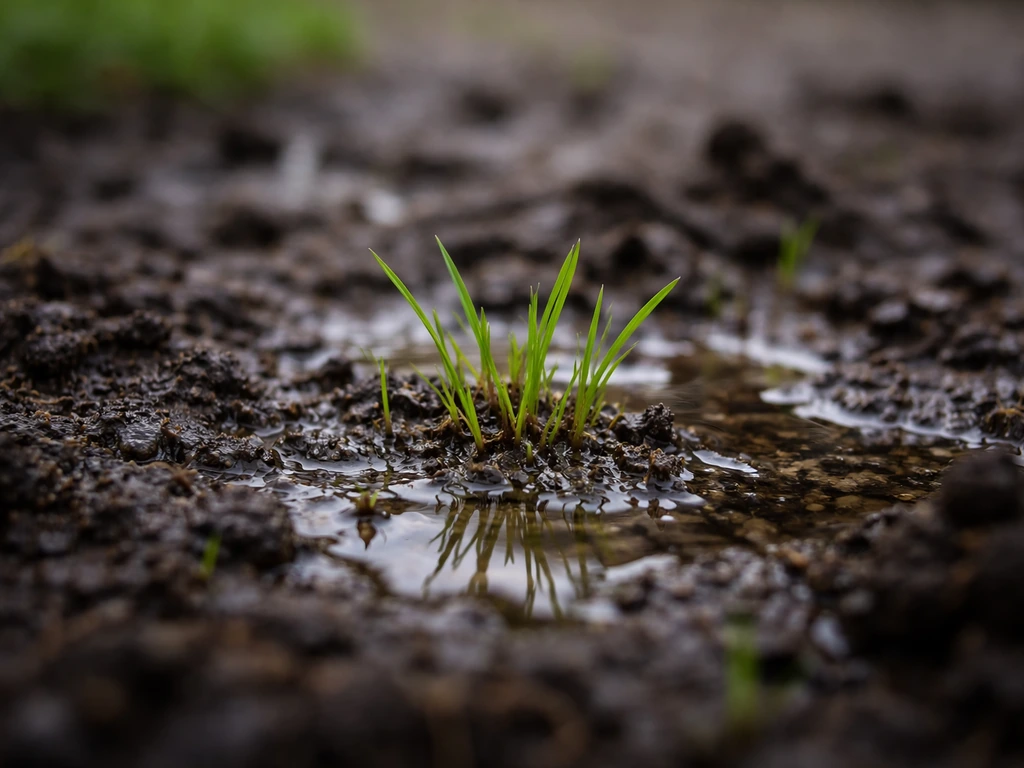 Jeunes brins de gazon dans une terre sombre et saturée d’eau, avec eau stagnante autour.