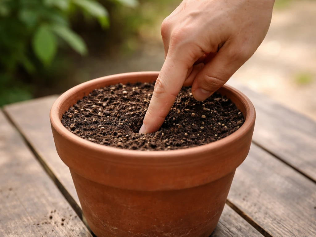 Main introduisant un doigt dans la terre humide d’un pot, vérification des 3 à 5 premiers centimètres