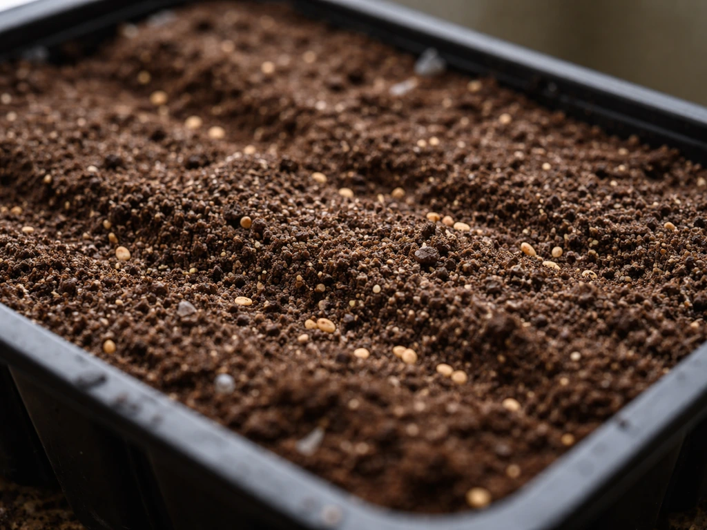 Gros plan d’un terreau humide avec graines à peine recouvertes, montrant la fragilité avant la germination.