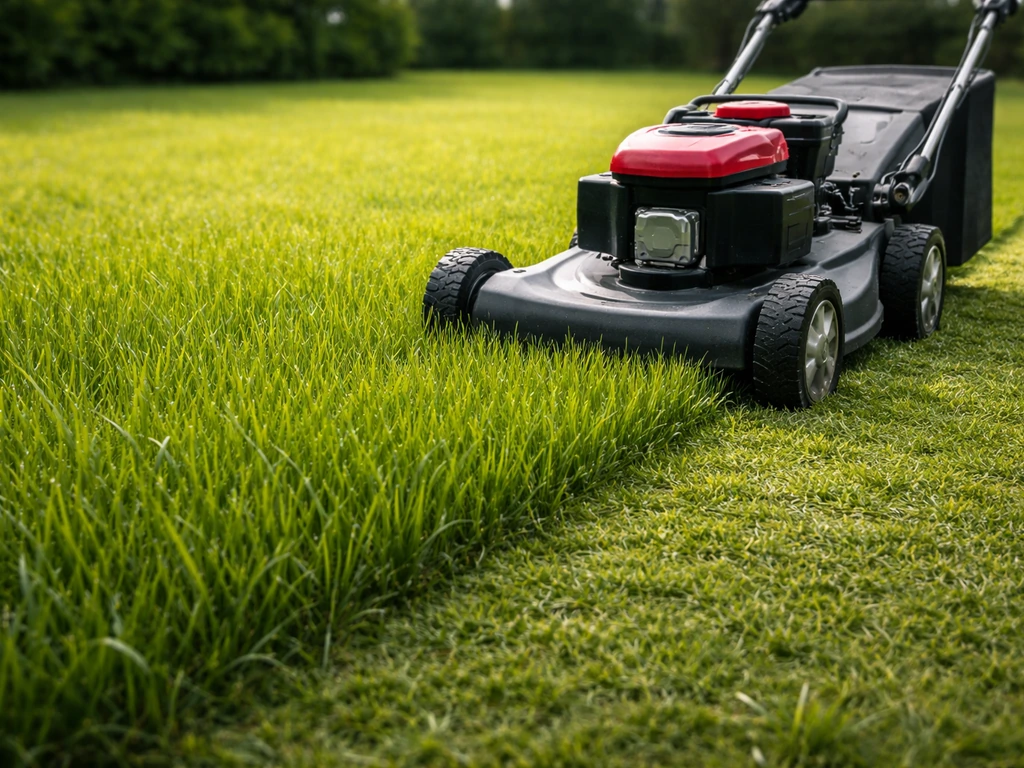 Jeune pelouse après levée, hauteur d’herbe contrôlée, tondeuse réglée et sol bien sec.