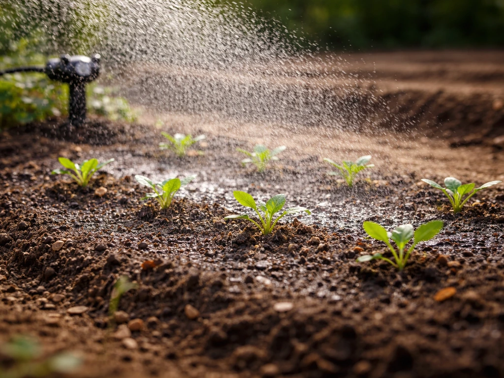 Arrosage par aspersion fine au sol, premiers centimètres maintenus humides, potager minimal.