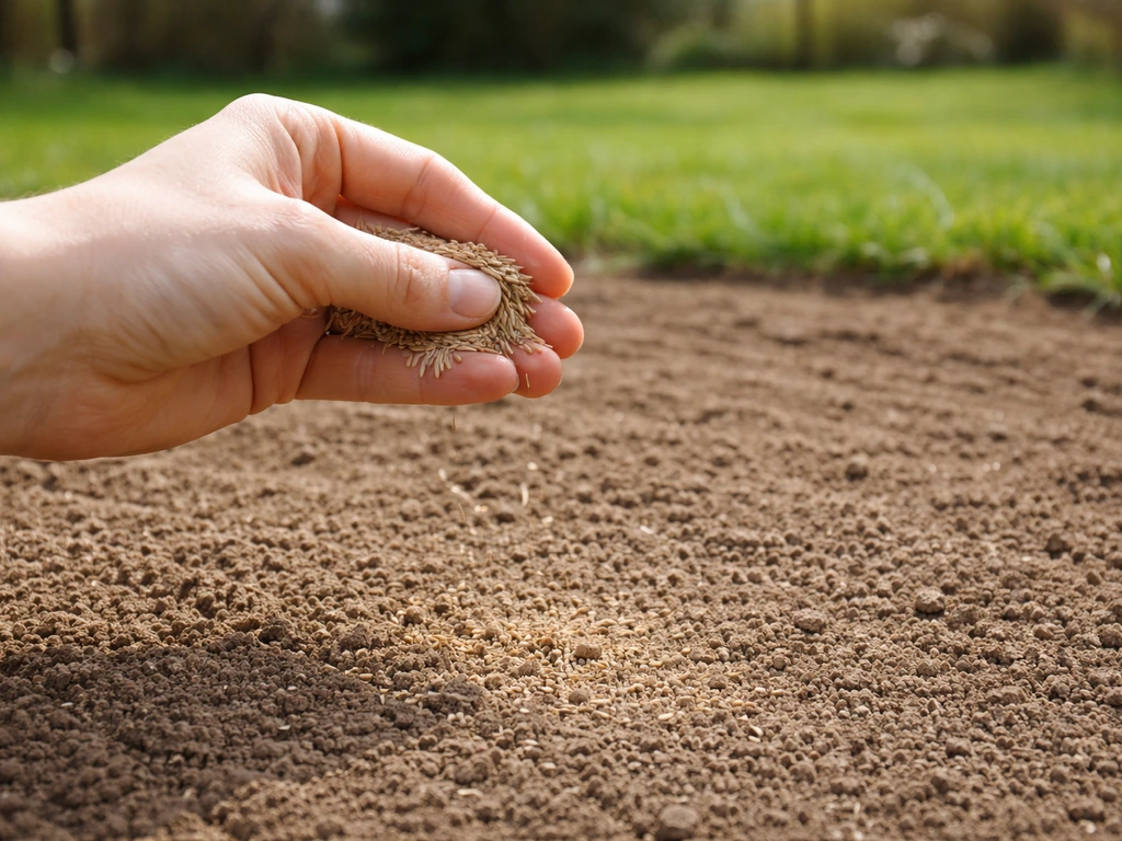 Jeune gazon sur une terre fraîche, main semant des graines près d’un jardin en début de printemps, lumière naturelle.