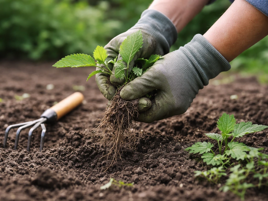 Mains gantées arrachant une mauvaise herbe avec racines dans un petit jardin avant de travailler la terre.