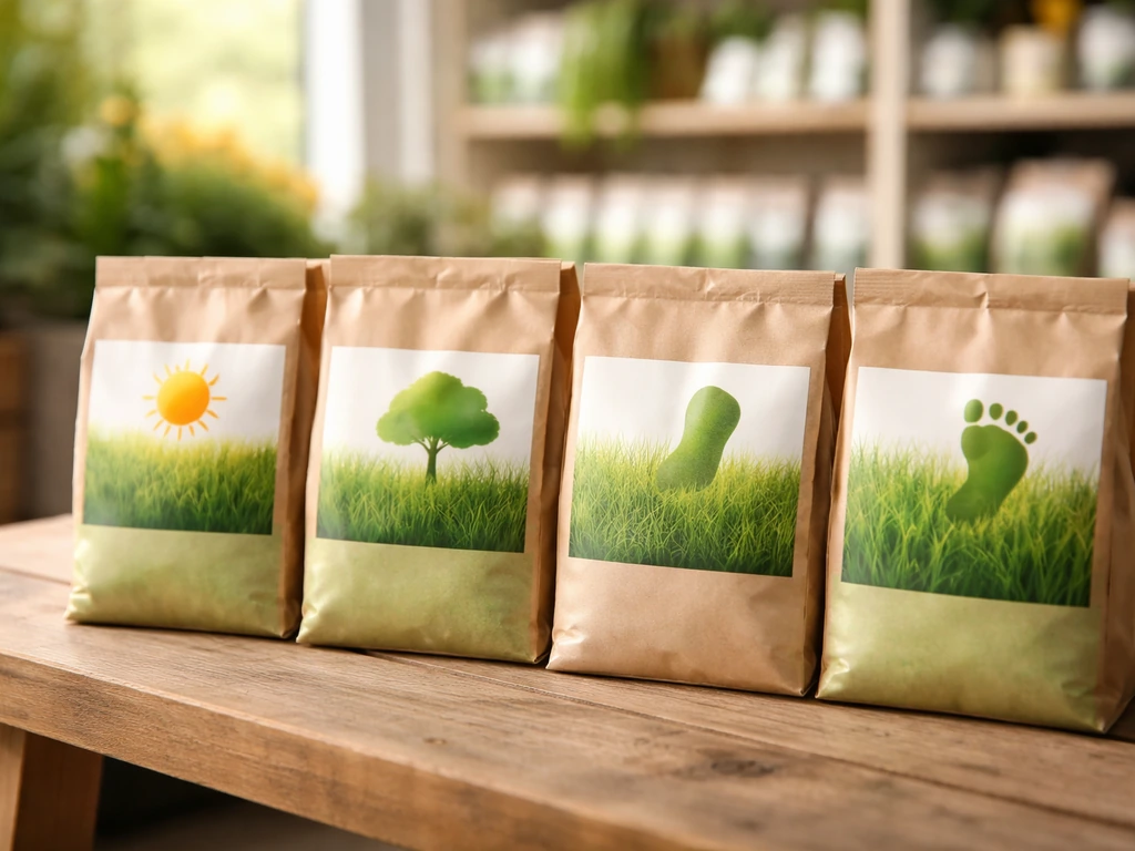 Sachets de semences de gazon alignés, étiquettes floues, ambiance jardinerie pour choisir le bon mélange.