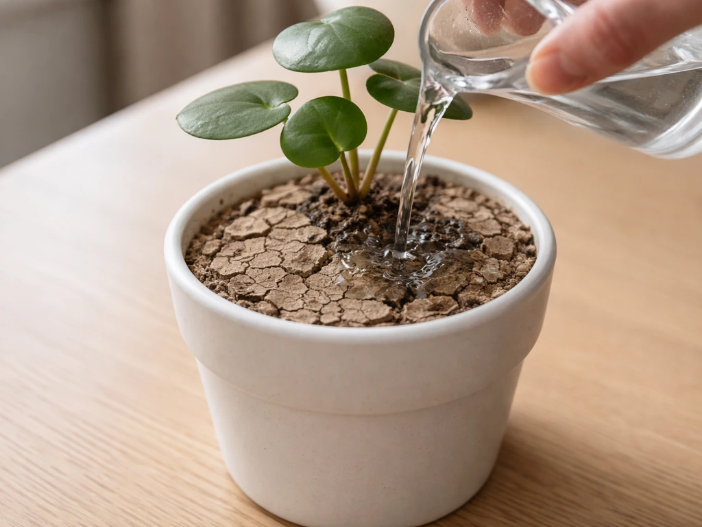 Terre de plante craquelée et poussiéreuse en surface, partiellement humidifiée après un arrosage léger