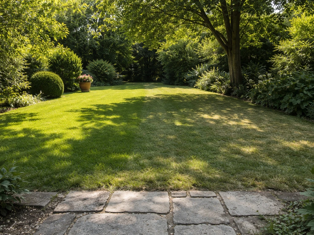 Trois zones de gazon dans un jardin, visibles en plein soleil, mi-ombre et ombre.