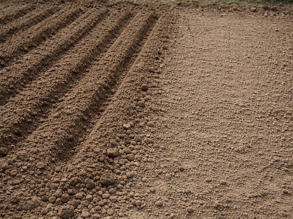 Potager au sol fraîchement ameubli, zones ratissées prêtes pour le semis, sans mauvaises herbes visibles