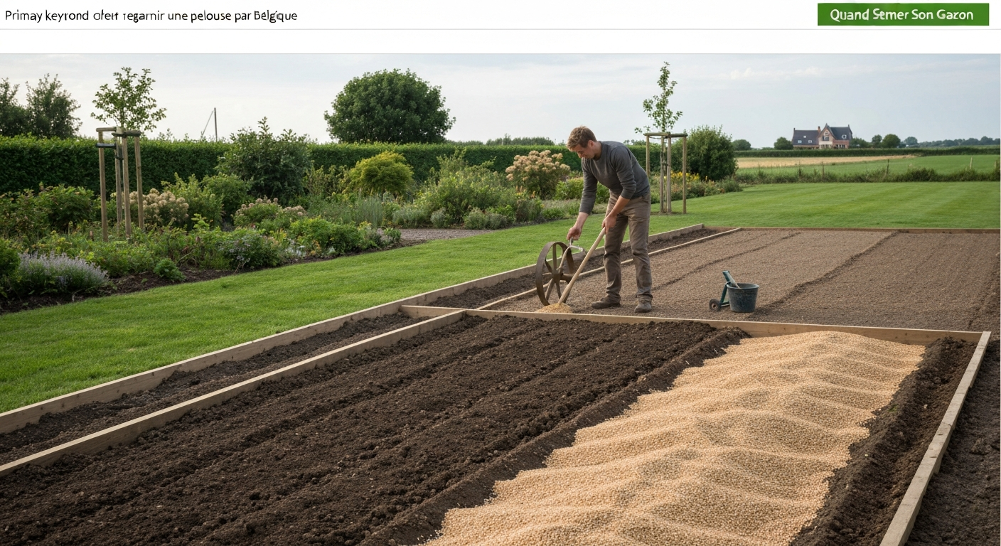 Jardin belge préparé pour semis de gazon en automne : personne semant des graines à la main sur sol nivelé, épandeur et outils visibles en arrière-plan