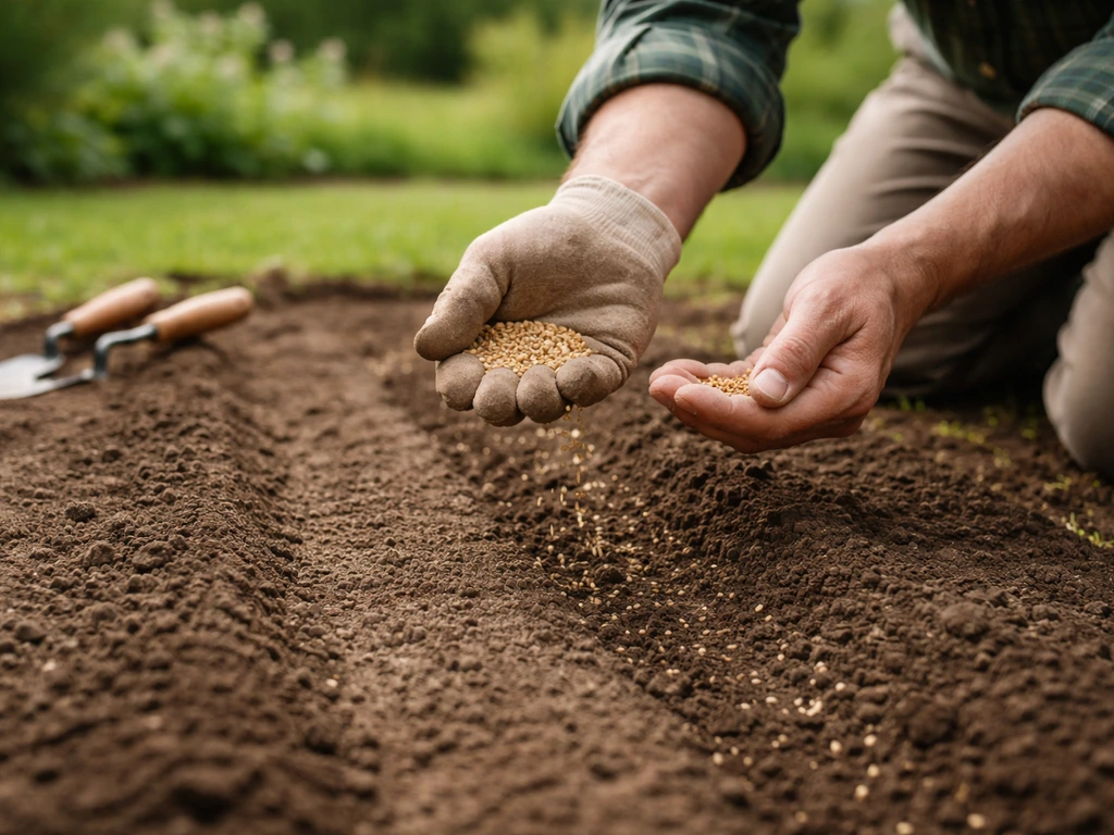 Mains d’un jardinier semant à la main sur une petite parcelle de terre, graines réparties régulièrement.