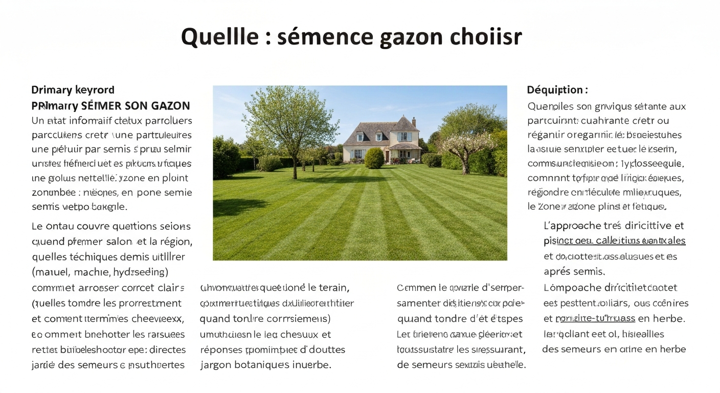 Pelouse française dense et saine en plein jour, zones en soleil et mi‑ombre, vue d'ensemble d'un jardin familial.