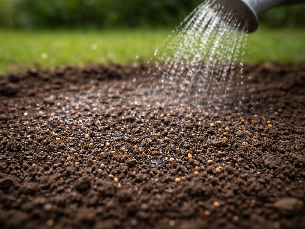Gros plan sur une terre fraîchement semée, arrosage à pluie fine juste après le semis.