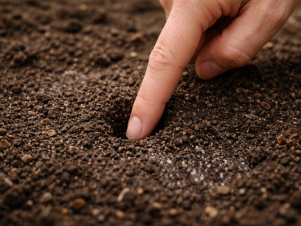 Main anonyme enfonçant un doigt d’environ 2 cm dans une terre légèrement humide, sans flaque.