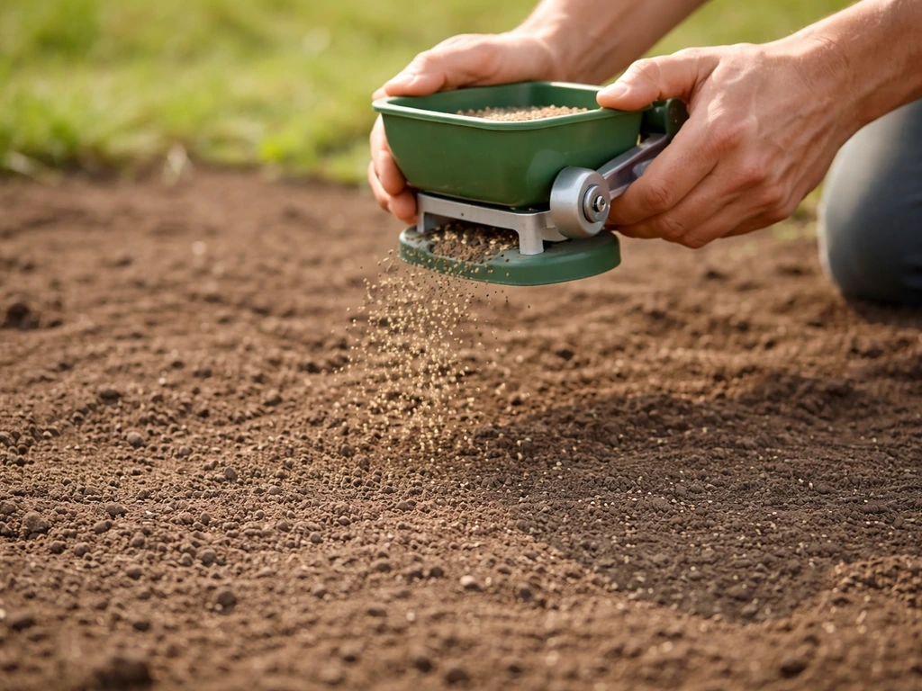 Semis en surface: graines éparpillées avec un épandeur à main réglé sur un sol prêt à recevoir les semences.
