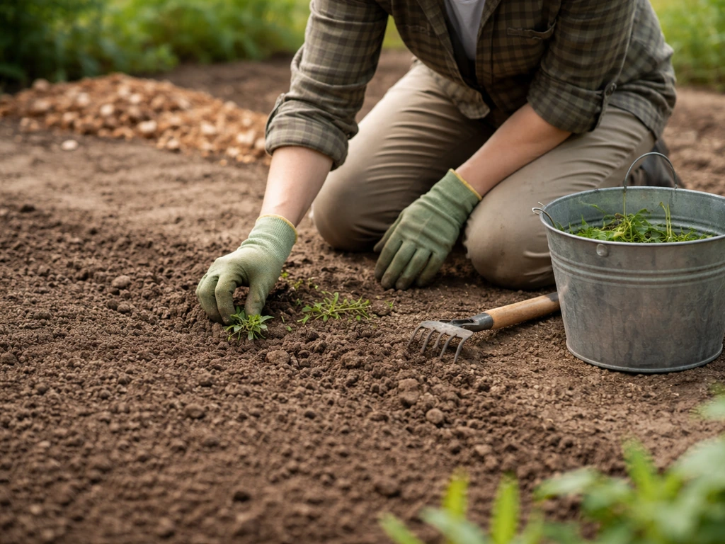Main anonyme en jardin désherbant, sol ratissé et feuilles mortes retirées, prêt pour un semis d’automne.