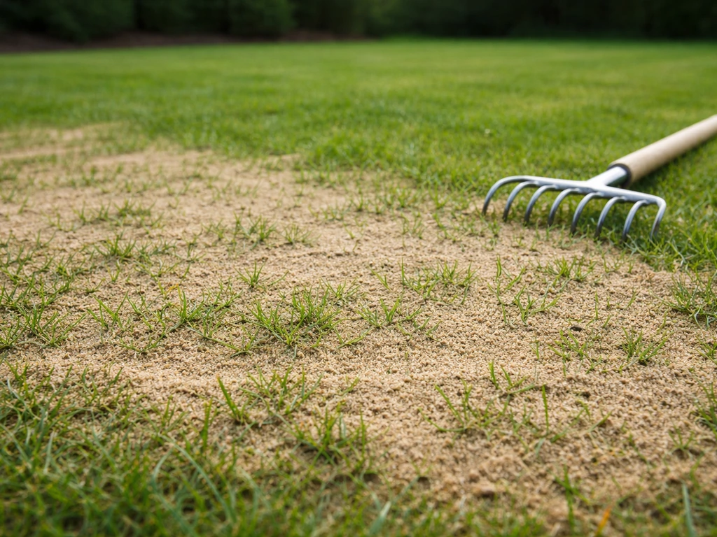 Pelouse existante avec une fine couche de sable de recouvrement (top-dressing) étalée après un semis.